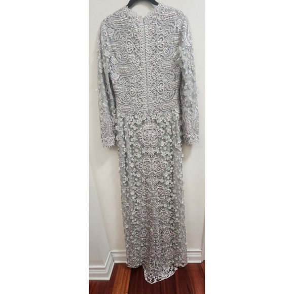 Gemy Maalouf Lace Evening Gown Light Grey Embroidered Long Sleeve Slit Front 12 - Picture 11 of 16
